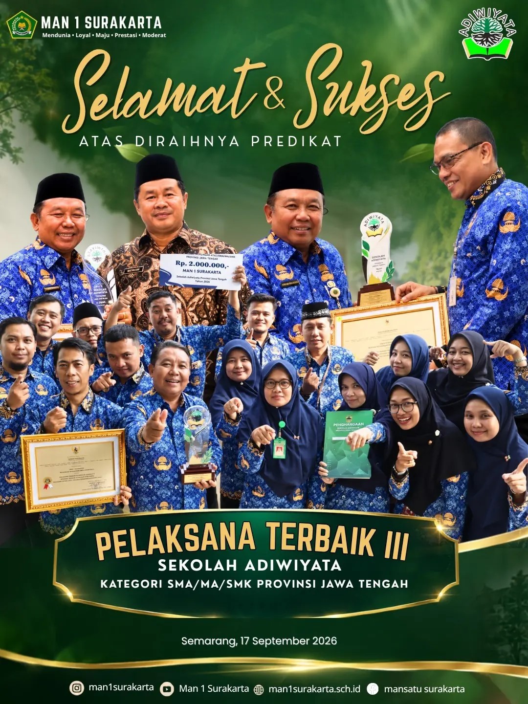 Komitmen Lingkungan Berbuah Manis, MAN 1 Surakarta Resmi Terima Predikat Pelaksana Terbaik III Sekolah Adiwiyata Jawa Tengah 2026