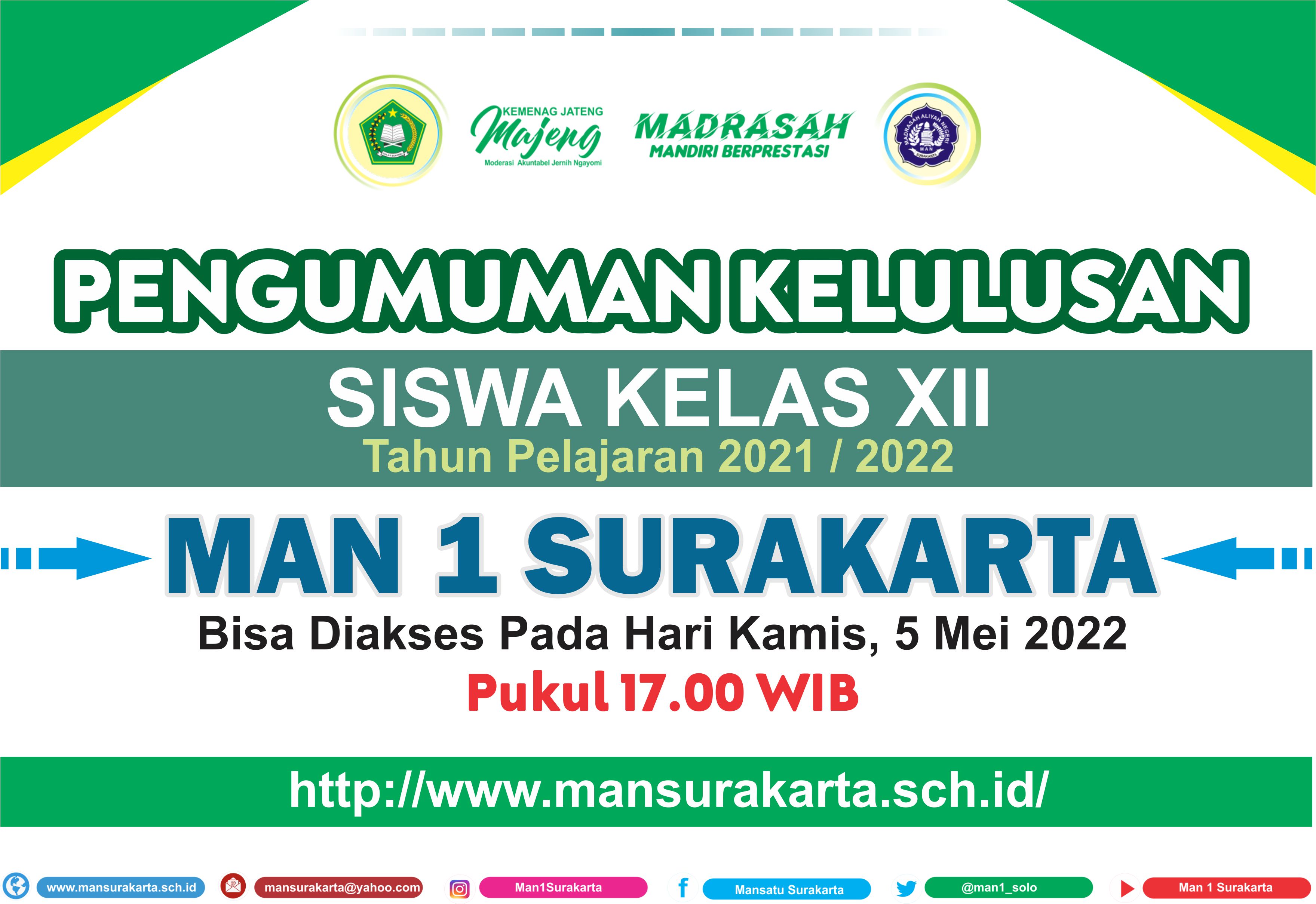PENGUMUMAN KELULUSAN KELAS XII TAHUN PELAJARAN 2021/2022 MAN 1 SURAKARTA